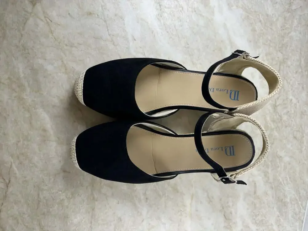 Lora Dora Black Suede Espadrille Wedge Sandals Ankle Strap EU 39 Boho